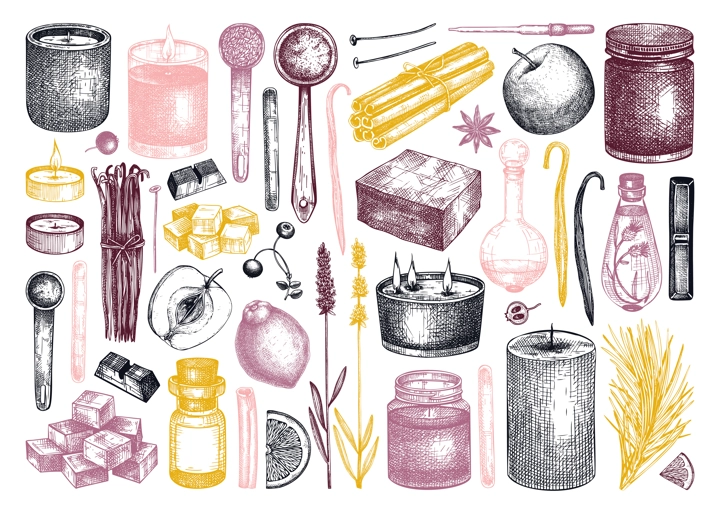 Hand-sketched aromatic candles ingredients collection. Vector illustrations of candles, wax, fragrance, color, herbs, and skewers. Natural materials for aromatherapy, hobby, handcrafts, candle making.